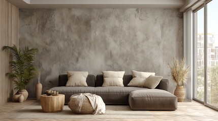 Aufkleber - Modern living room with textured empty wall in neutral tones, japandi interior design with black minimalist lamp, gray armchair and coffee table