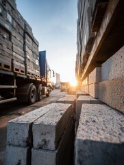 Poster - Concrete Blocks Loaded Into a Freight Truck Under a Bright, Clear Sky During Mid-Morning Hours