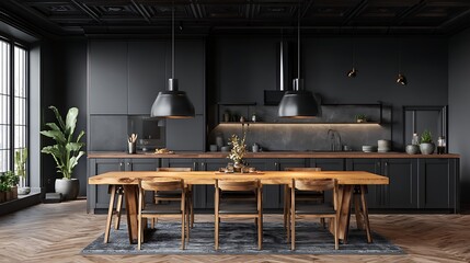 Poster - Large kitchen room with modern interior design with wood table and chairs for home against the background a dark classic wall