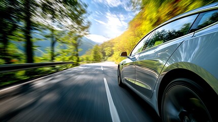 Aufkleber - Electric car driving on the road with green nature and blue sky motion blur background