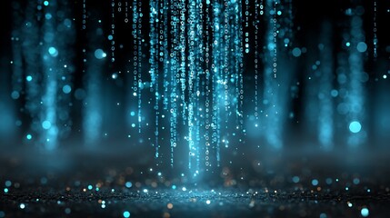 Digital curtain of shimmering binary code