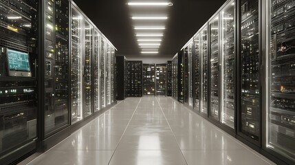 Aufkleber - Data center server room, network communication, colorful neon server racks, and telecommunication equipment, optical fiber in a cutting-edge technology background