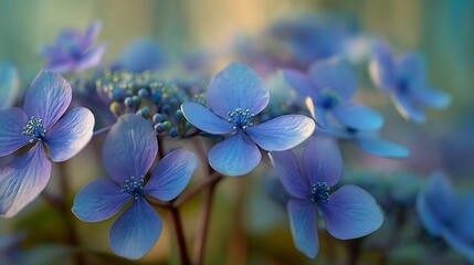 Poster - Delicate blue flowers bathed in soft light, with a dreamy bokeh effect in the background