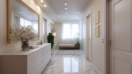 Poster - Contemporary light apartment with white dresser and hallway in living room