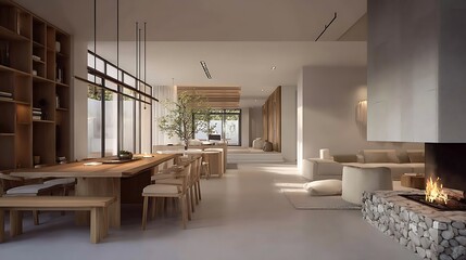 Aufkleber - Contemporary house design creative decor dining area in natural minimal natural material colour scheme warm and cosy feeling clean and clear space organize house beautiful background