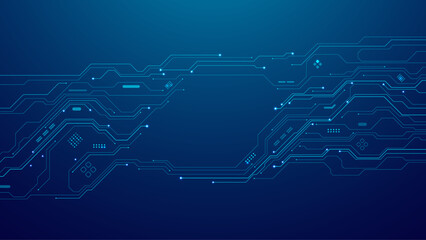 Fototapete - Abstract futuristic dark blue background with wires and circuit board elements. AI semiconductor. Concept of innovation in digital technologies. Ideal for use in presentation background. Vector. 