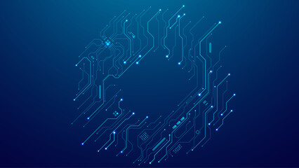 Fototapete - Abstract Circle circuit board with semiconductors and elements on a technology blue background. Digital futuristic electronics bg. Tech AI concept. Vector background for web banners and presentations.