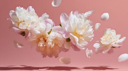 Poster - Beautiful white peony flowers and petals in flight against a light pink pastel background with copy space, a creative floral layout for spring, spring blossom backdrop