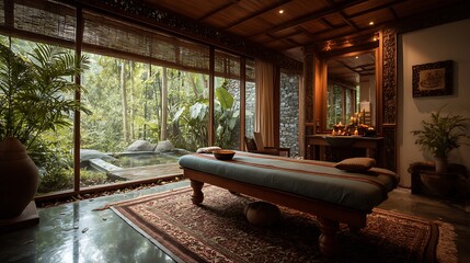 Aufkleber - Ayurvedic spa and relax with natural aromatherapy treatment in a room for luxury or wellness surrounded by nature, health and ayurveda massage, skincare, spa or relaxation concept
