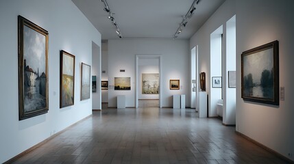 Aufkleber - An art gallery with beautiful paintings displayed on minimalist white walls