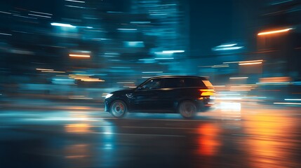 Leinwandbilder - A suv rushes at high speed through the streets of the night city