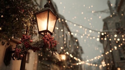 Poster - A charming street lamp adorned with festive decorations glows warmly amidst falling snowflakes, creating magical winter atmosphere filled with colorful bokeh lights