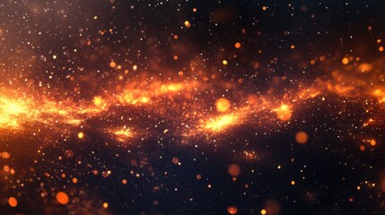 Wall Mural - abstract sparkle background with orange and gold glittering particles in dark space, festive celebra