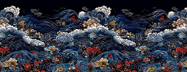 Wall Mural - Ocean waves floral art textile design