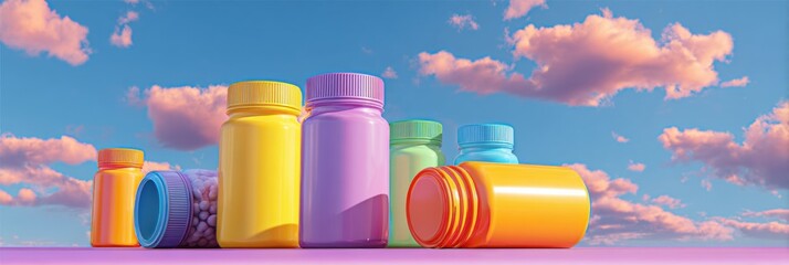 Aufkleber - Bright 3D Illustration of Colorful Medicine Bottles Arranged Under an Open Sky at Sunset With One Bottle Tipped Over