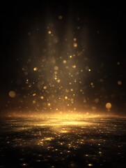 Wall Mural - golden light dust sparkles on dark surface, abstract background, festive mood, bokeh effect, studio 