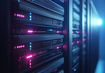 Poster - Close-up of modern server racks with glowing pink and blue LEDs in a sleek data center, ideal for IT infrastructure, digital networks, or cloud technology visuals