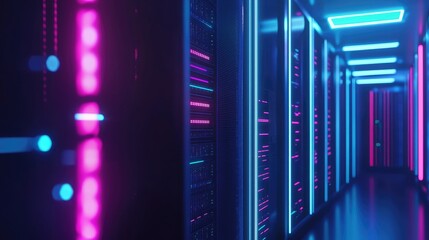 Poster - Long server room corridor illuminated with vivid pink and blue LED lights and glowing panels, ideal for tech infrastructure, cybersecurity visuals, or cloud computing themes