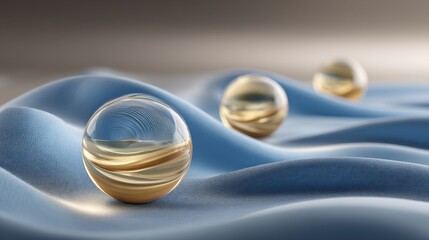 Wall Mural - crystal balls on blue fabric close up abstract still life studio shot with soft lighting and shallow