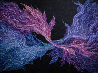 Wall Mural - abstract feather flow painting in blue purple and pink on black background close up art illustration