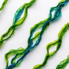Wall Mural - abstract diagonal arrangement of green and blue textured strands on white background macro studio sh