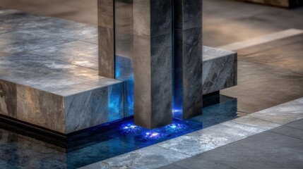 Wall Mural - modern water feature with stone pillars and blue underwater lighting in a contemporary architectural