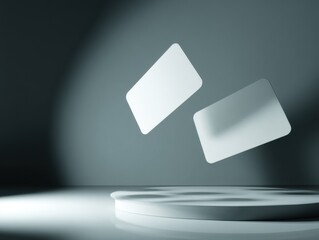 Canvas Print - two blank business cards floating above a white platform in a studio setting with soft lighting and 