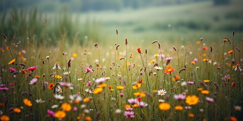 a vibrant meadow filled with wildflowers in bloom under a soft diffused light in a natural setting