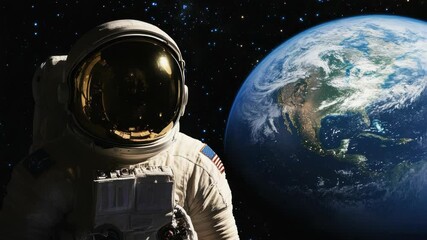 Wall Mural - astronaut standing by earth's surface, with planet in background