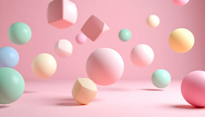 Wall Mural - pastel spheres and geometric shapes floating on pink background