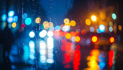 Wall Mural - rainy night cityscape blurred lights abstract background