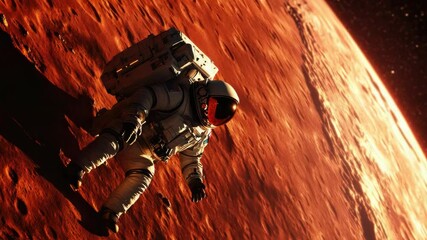 Wall Mural - an astronaut floats in space on the surface of a red planet, with a barren landscape and no signs of