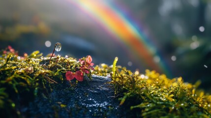 Wall Mural - a vibrant scene showcasing blooming flowers with a glistening raindrop under a radiant rainbow. natu