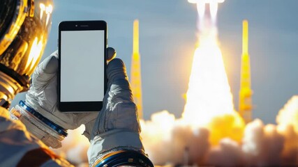 Wall Mural - astronaut in space suit holding up a cell phone for communication or photography