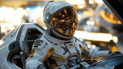 Wall Mural - astronaut sitting in a car wearing a space suit, great for sci-fi or futuristic themes