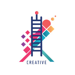 Poster - Colorful vector illustration of a creative ladder logo with light bulb and geometric shapes representing innovation and growth in artistic endeavors