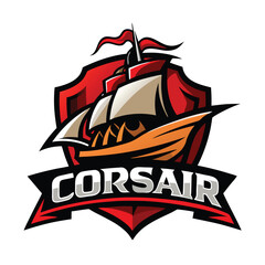 Poster - Creative corsair ship logo design featuring a bold vector illustration and shield background, perfect for branding maritime-themed ventures or pirate-inspired events