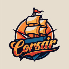 Poster - Creative corsair ship logo design featuring a bold vector illustration and shield background, perfect for branding maritime-themed ventures or pirate-inspired events