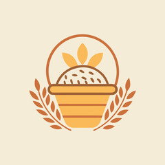 Poster - Vector illustration of a decorative potted plant surrounded by foliage and abstract elements in warm orange and green tones