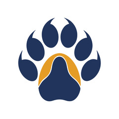 Poster - Paw print vector illustration and logo design suitable for various branding needs, showcasing a stylized paw in dark blue and gold colors