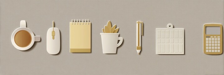 Aufkleber - Flat Minimalist Stickers of Office Tools on a Neutral Background, Creating a Perfect Atmosphere for Workspace Inspiration
