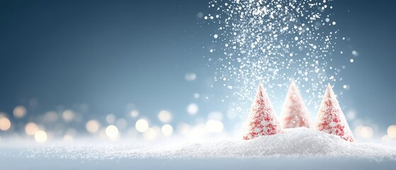 Wall Mural - Three small evergreen trees covered in snow standing on a white winter landscape under daylight.