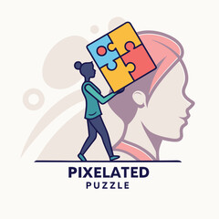 Leinwandbilder - Creative pixelated puzzle logo featuring a woman carrying a colorful puzzle piece in a modern graphic style