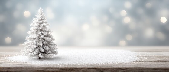 Wall Mural - Small white decorative tree on a snow-covered table in a bright winter setting.