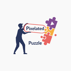 Leinwandbilder - Creative pixelated puzzle logo featuring a woman carrying a colorful puzzle piece in a modern graphic style