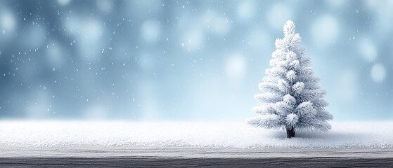 Wall Mural - Small green tree stands alone in a bright snowy field under clear daylight sky.