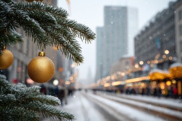 Wall Mural - Close-up of a decorated Christmas tree branch with a shiny gold bauble ornament in soft natural light.