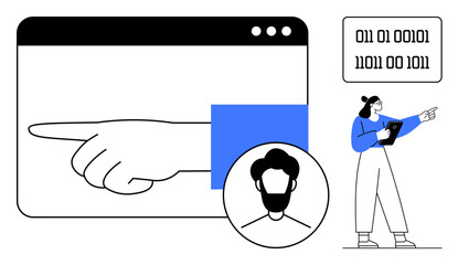 Hand pointing in a browser window, binary code, a user with a tablet. Ideal for technology, coding, internet, user interaction, navigation, innovation simple landing page