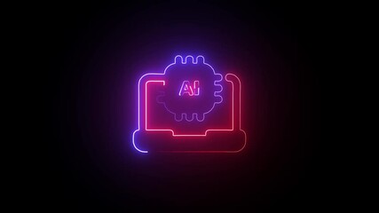 Wall Mural - Blue and Red Neon Glowing Neon AI Brain Icon Animation on Black. Looping Animated Blue and Red  AI Brain in Neon Glow Over Black. Cyber Glow AI Brain Emblem in Blue and Red on Black Background.