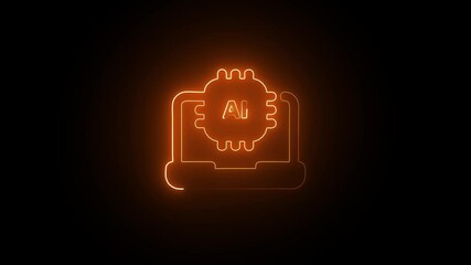 Wall Mural - Glowing Neon Orange Artificial Brain Symbol Over Black Canvas. Futuristic AI Brain Animation in Radiant Orange Neon on Black. Pulsing Neon Orange AI Brain Logo Animation in Darkness.